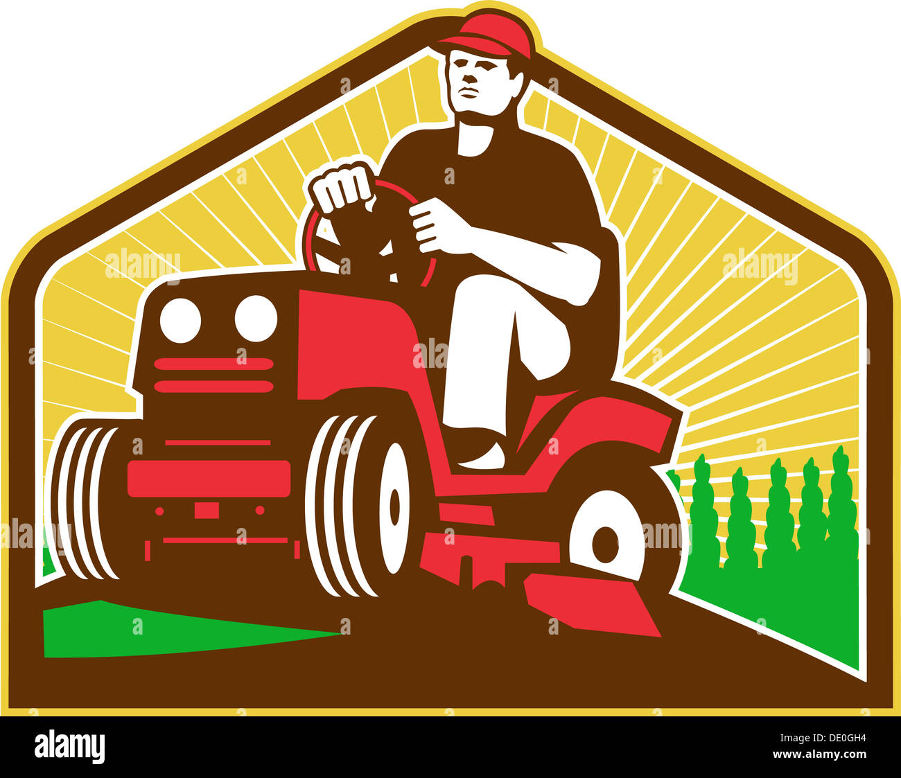Illustration of retro style male gardener riding ride on lawn mower done in retro style. Stock Photo