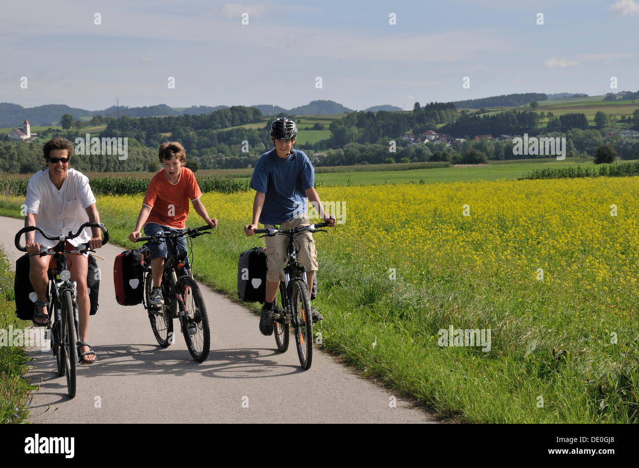 Three cyclists, mother with two children, 13 and 15 years, on the Danube cycle trail Passau - Vienna near Wallsee, Lower Austria Stock Photo