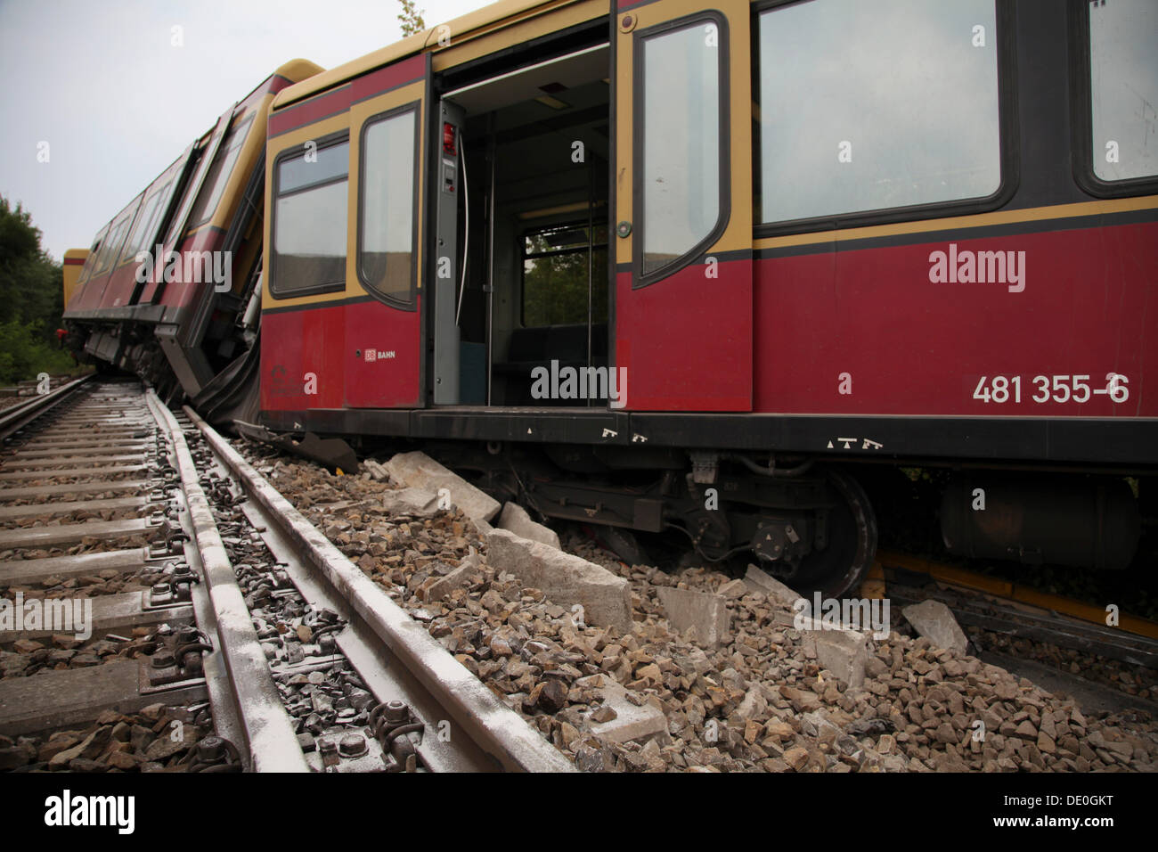 Derailed train, train crash probably due to a switch failure, Berlin Tegel Stock Photo