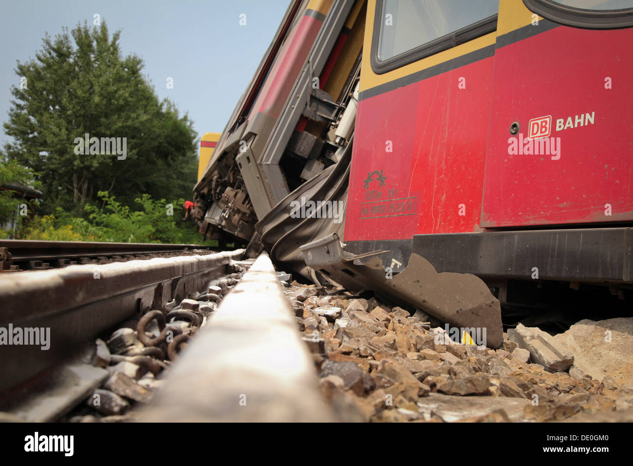 Derailed train, train crash probably due to a switch failure, Berlin Tegel Stock Photo