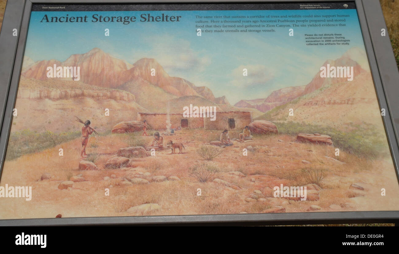 Information sign illustrating history Ancestral Puebloan People storage shelter, Archaeology Trail, Zion Canyon Visitor Centre Stock Photo