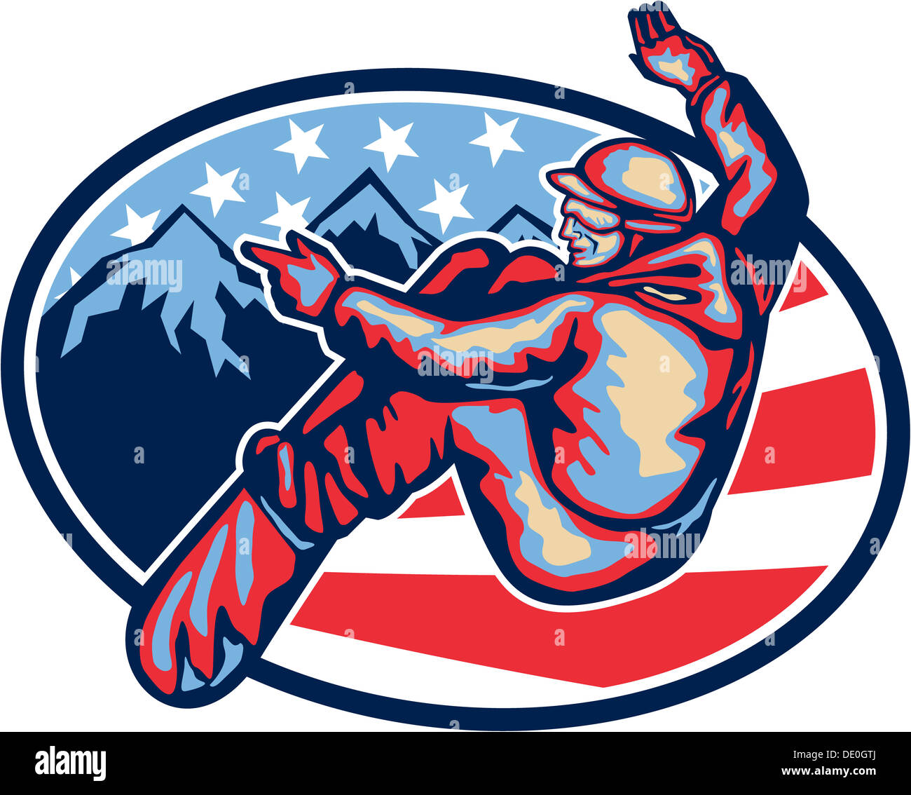 Illustration of a snowboarding spin jumping on snowboard set inside