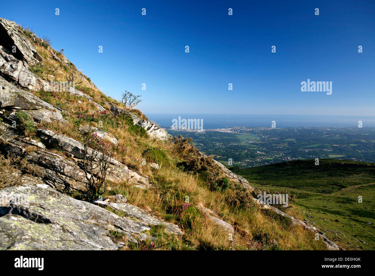 Landscape at La Rhune Mountain, overlooking the Atlantic Ocean and Saint-Jean-de-Luz, in Basque, Donibane Lohizune, Basque Stock Photo