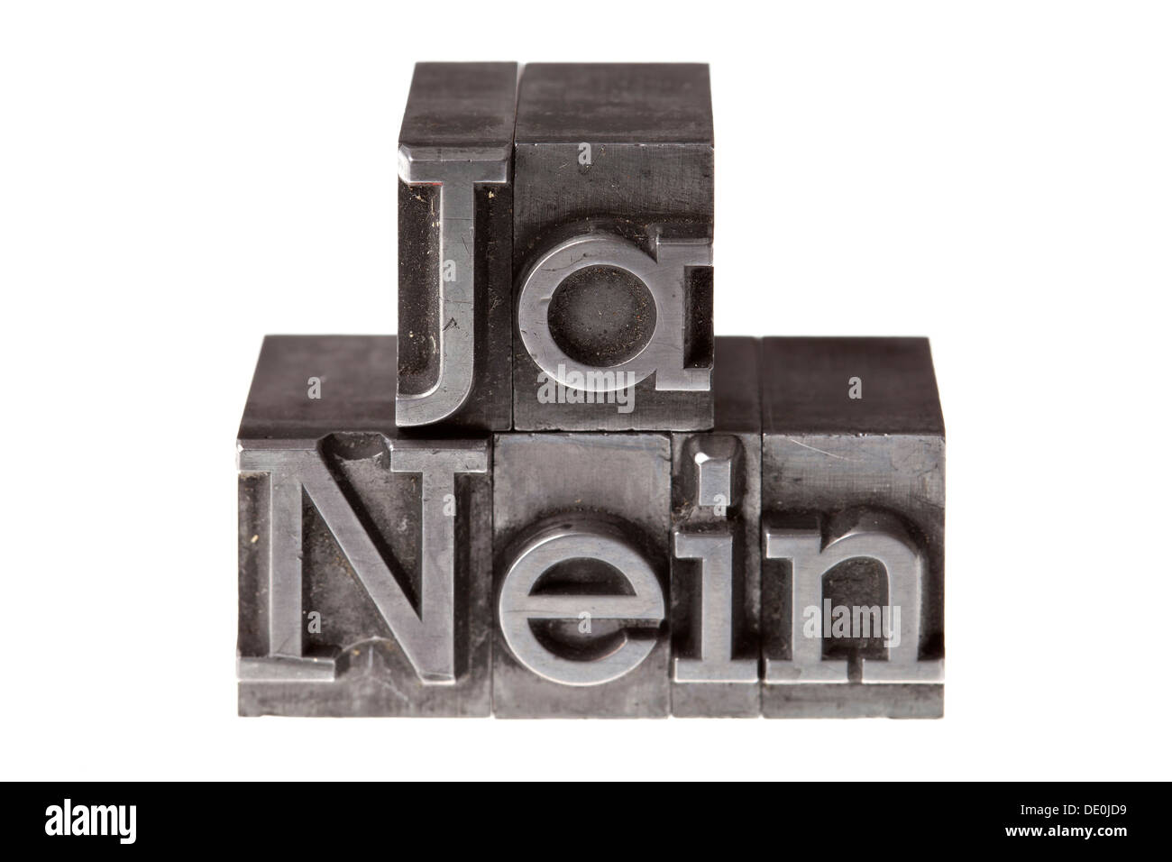 Old lead letters forming the words 'Ja Nein', German for yes and no Stock Photo