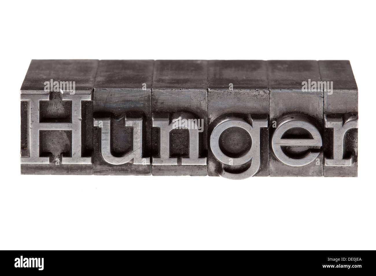 Old lead letters forming the word 'Hunger' Stock Photo
