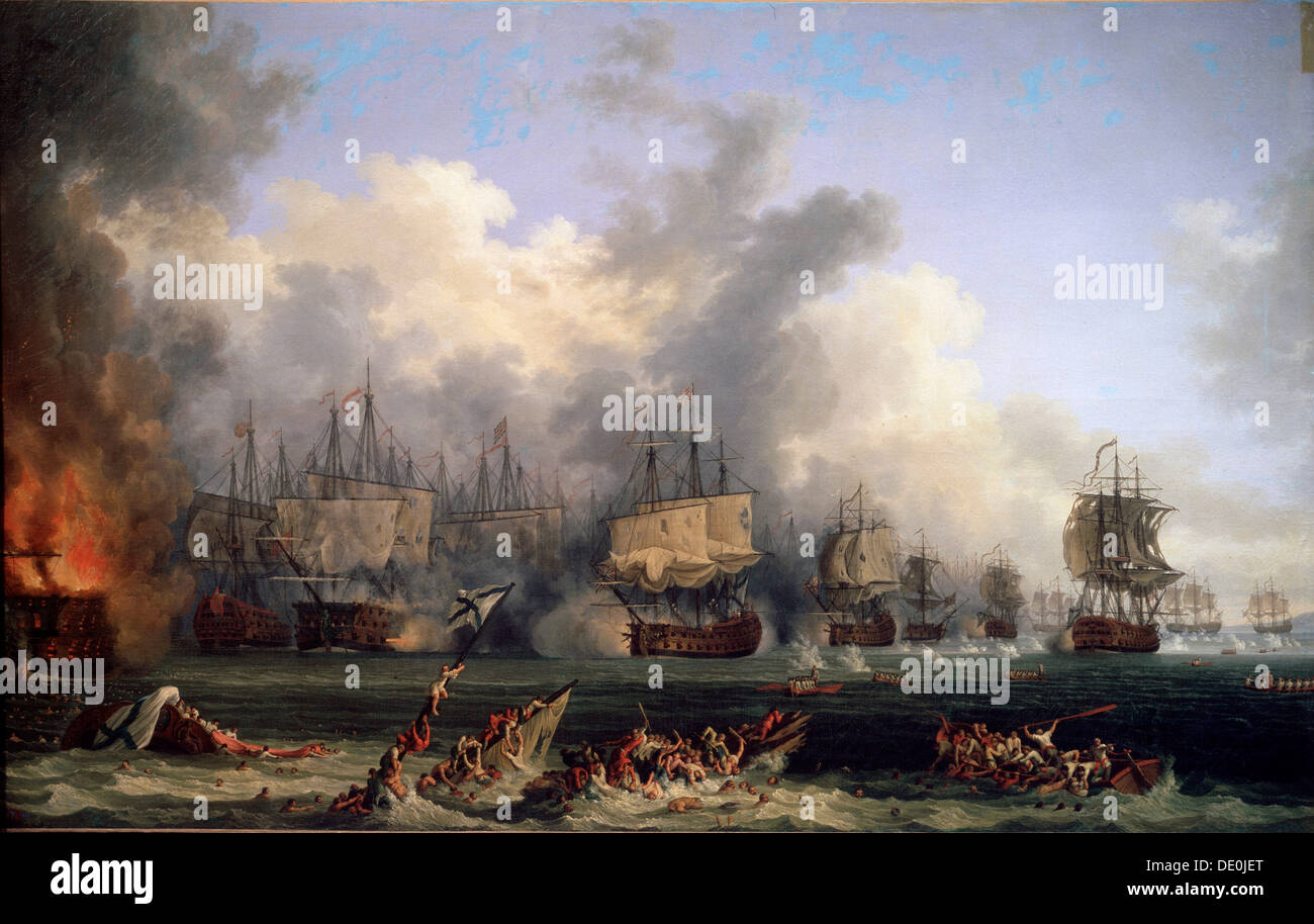 'The Sinking of the Russian Battleship St. Evstafius in the naval Battle of Chesma', 1771.  Artist: Jacob Philip Hackert Stock Photo