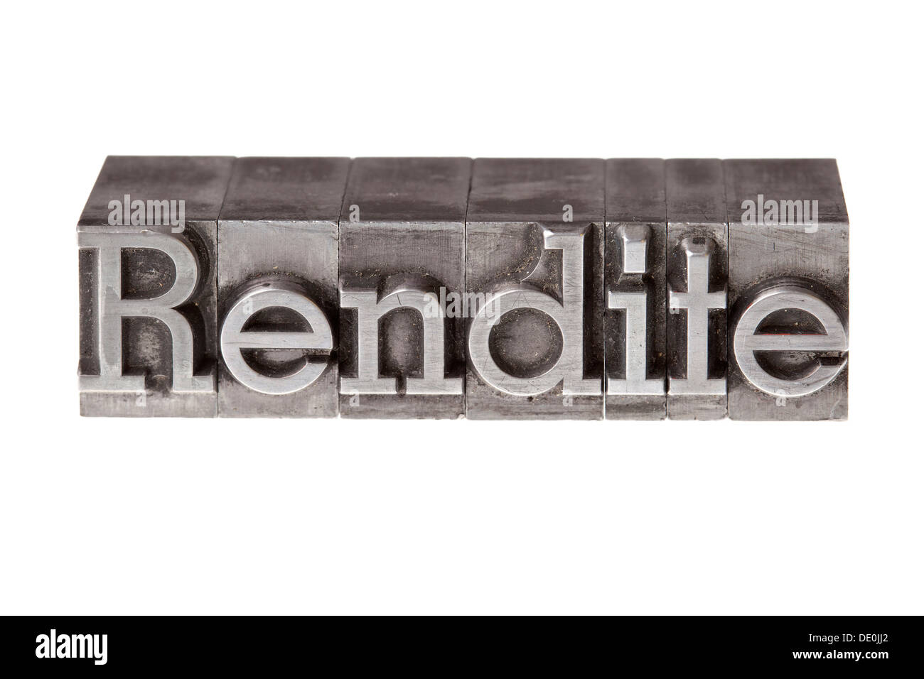 Old lead letters forming the word 'Rendite', German for financial returns Stock Photo