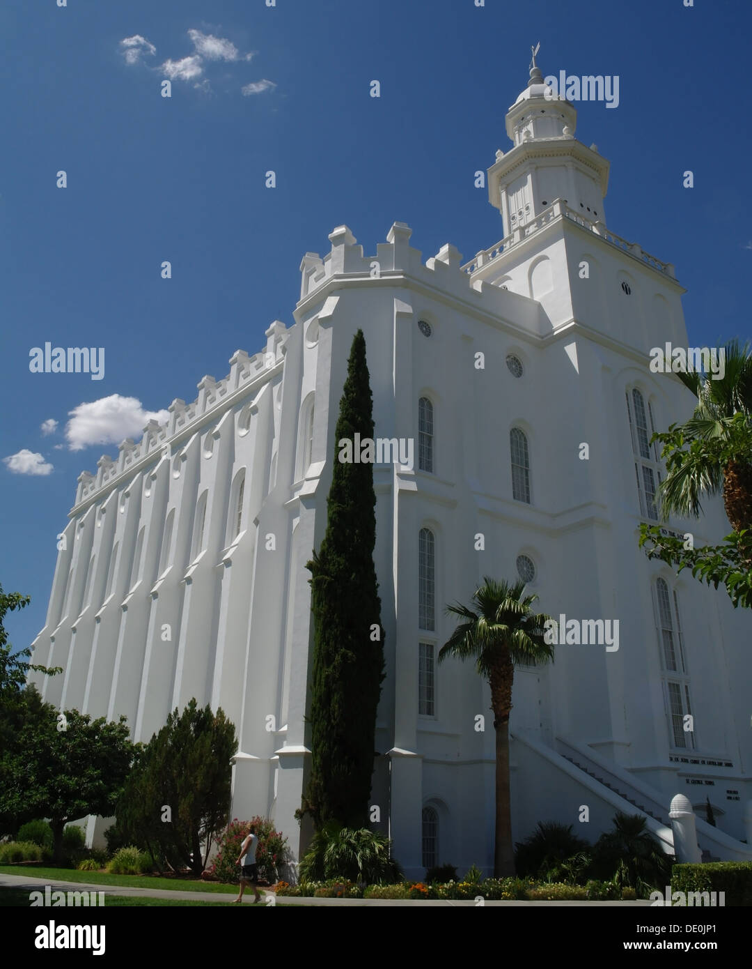 Blue sky oblique portrait white plaster walls St Utah Temple