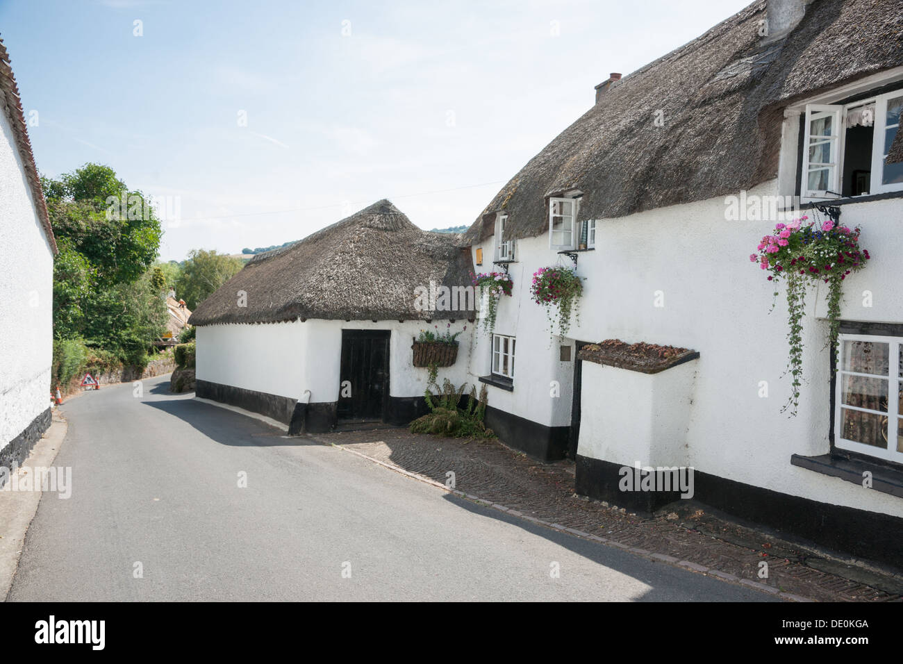 Whitewashed houses with thatched roofs line a narrow lane in Dunsford