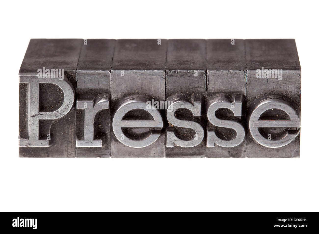 Old lead letters forming the word 'Presse', German for the press Stock Photo