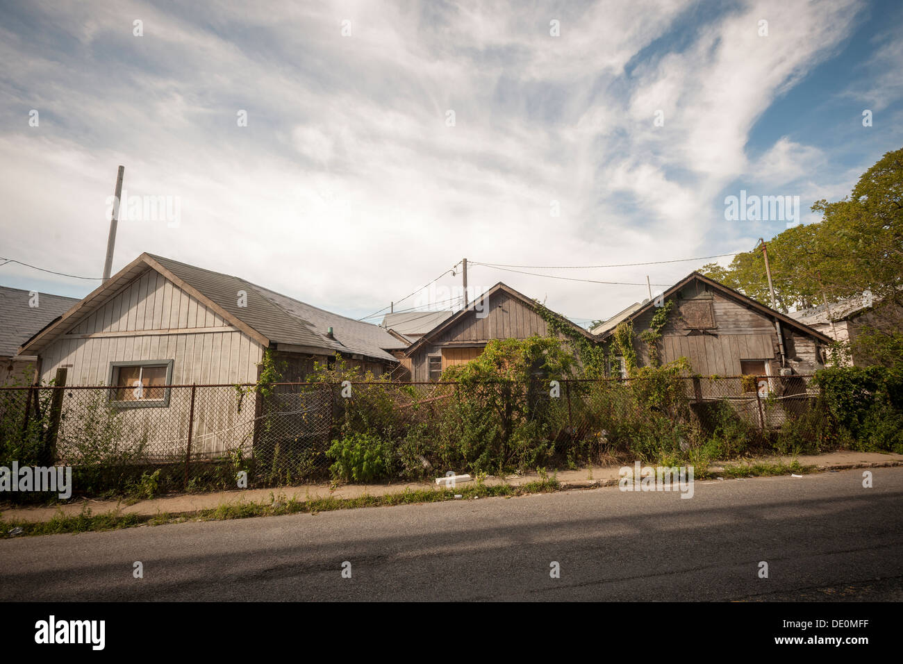 Boarded up summer bungalows in Rockaway Beach in the borough of Queens
