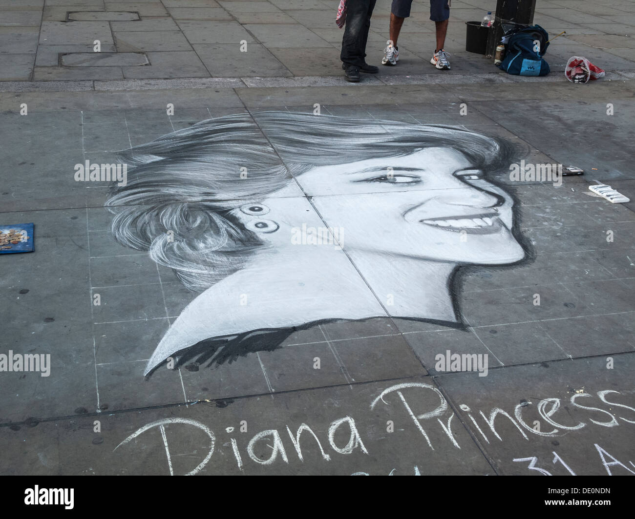 Street art chalk drawing of Diana Princess of Wales (Lady Di), on a pavement in Trafalgar Square, London, UK Stock Photo