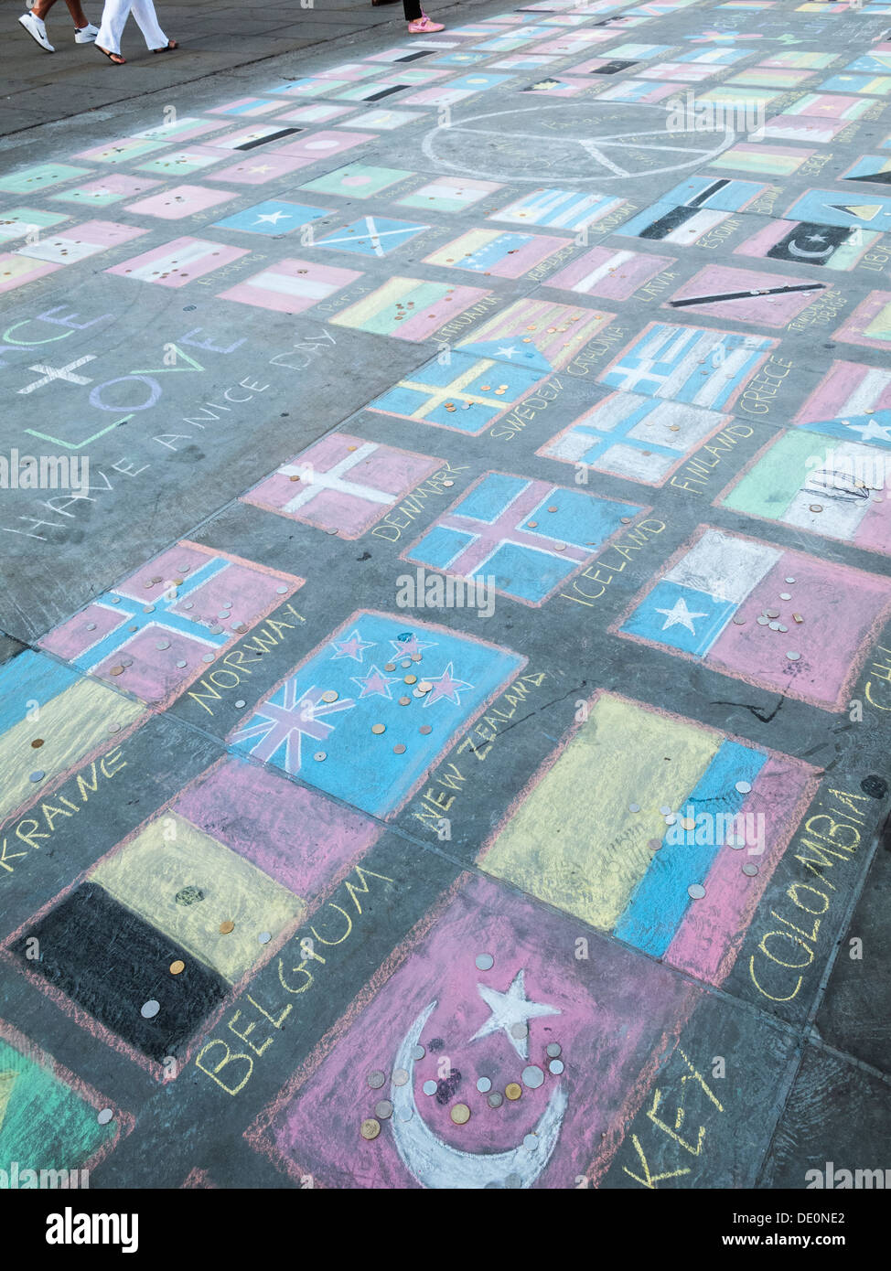 Pavement art in Trafalgar Square, London, UK - colourful chalk drawings of  national flags of the world Stock Photo - Alamy