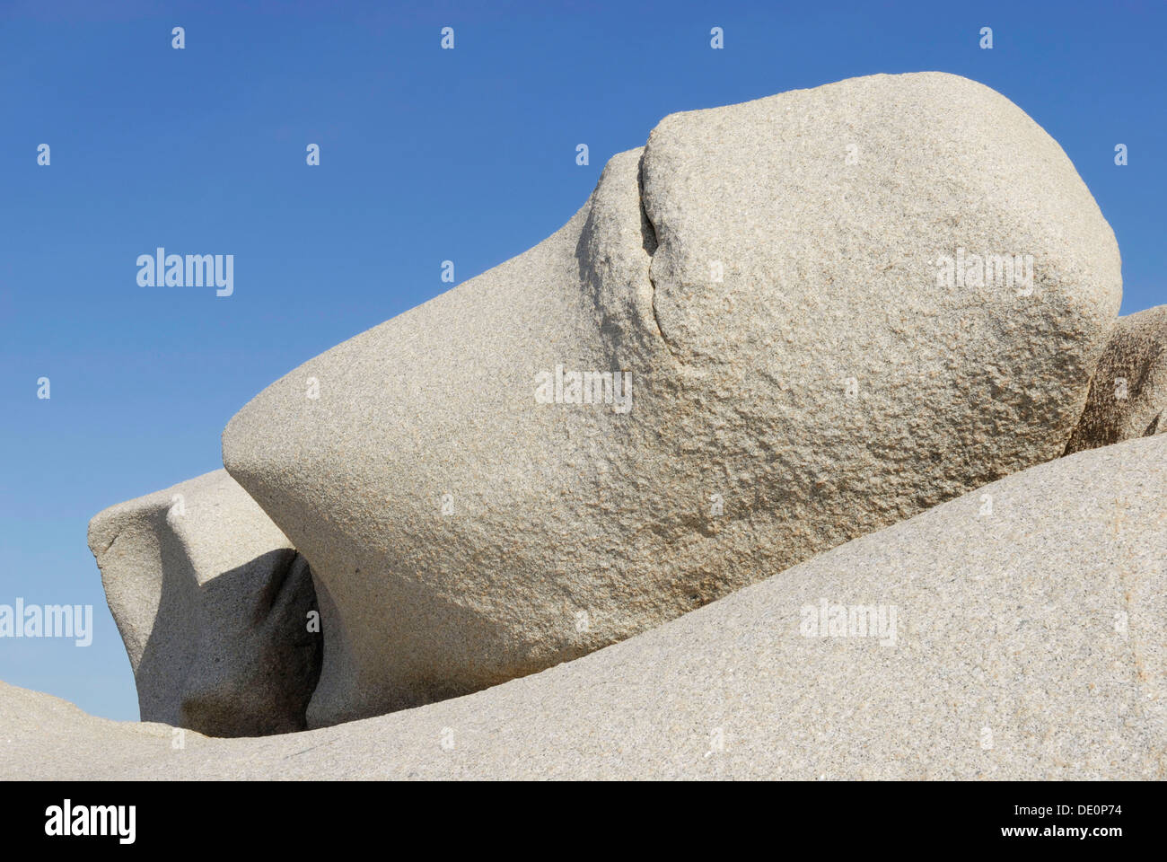 Round granite monolith on rock bed, Capo Testa, Sardinia, Italy, Europe Stock Photo
