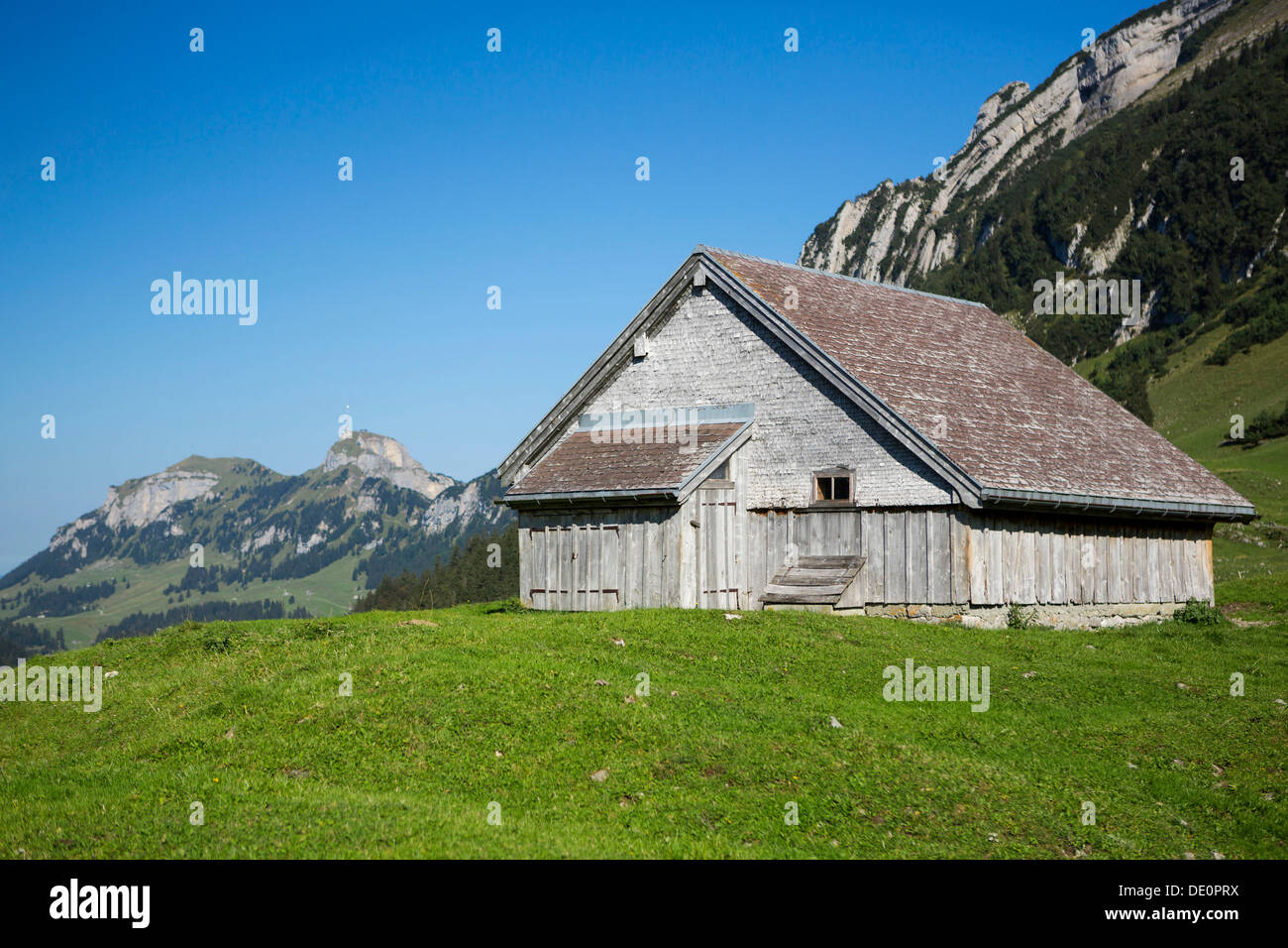 Mountain hut, Hoher Kasten mountain at the back, Alpstein mountain group, Appenzell, Switzerland, Europe, PublicGround Stock Photo