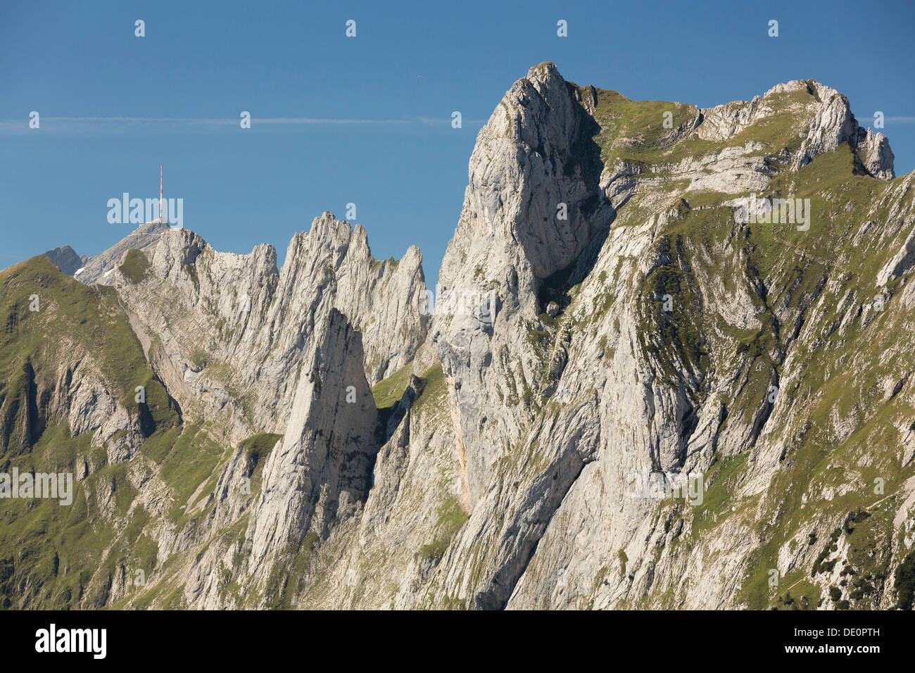 Hundstein Mountain in front of Santis Mountain, Appenzell, Alpstein Range, Switzerland, Europe Stock Photo