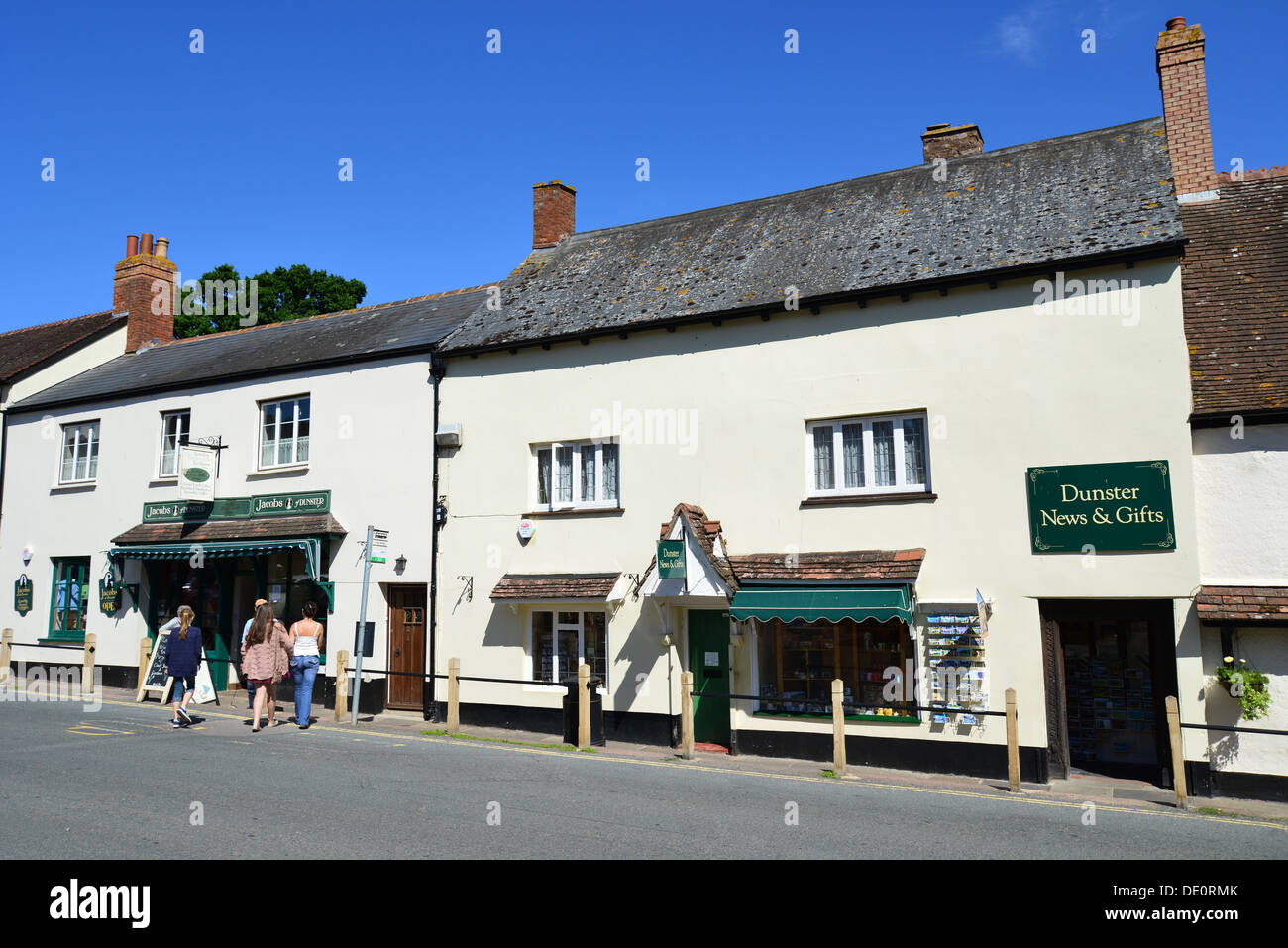 Shops and cafes on High Street, Dunster, Somerset, England, United Kingdom Stock Photo