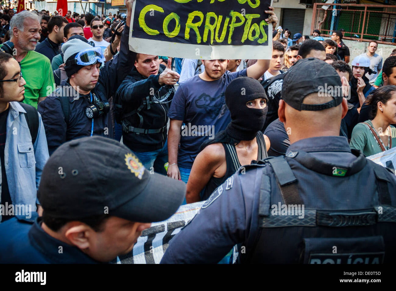 Protest during September 7 - Independence of Brazil - ends in violence and police brutality. Elderly man gets hit and falls Stock Photo