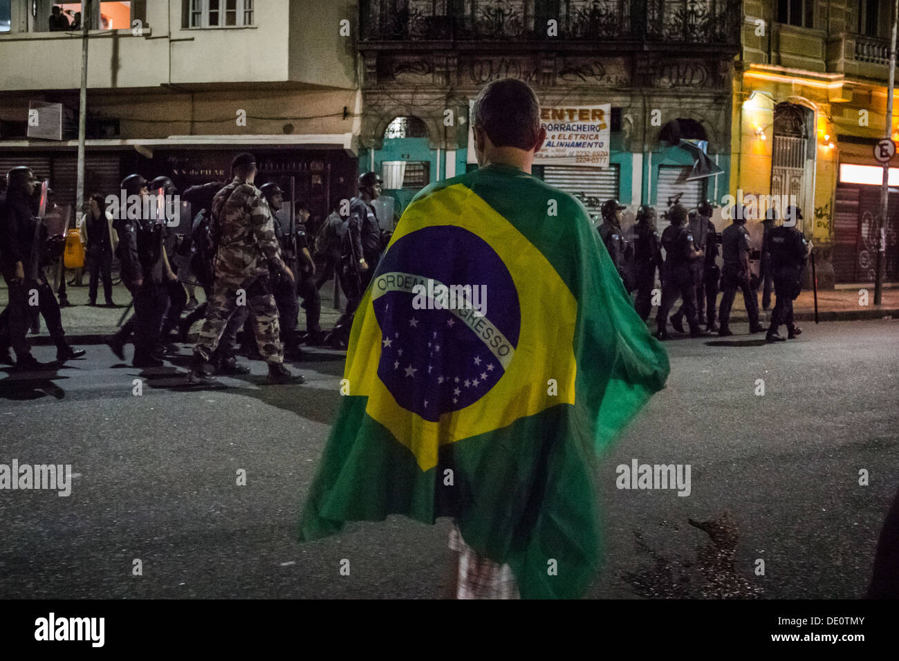 Shock Battalion Military Police, occupies streets of Lapa in Rio de Janeiro in search of protester Stock Photo