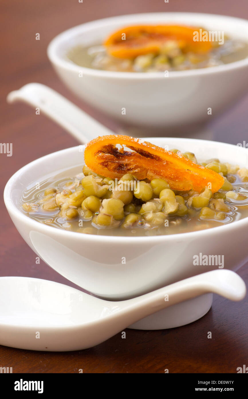 Mung Bean Broth with Candied Orange Garnish Stock Photo