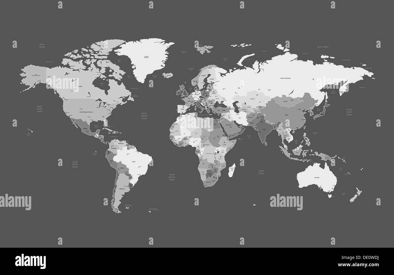 Detailed World map of gray colors. Stock Photo