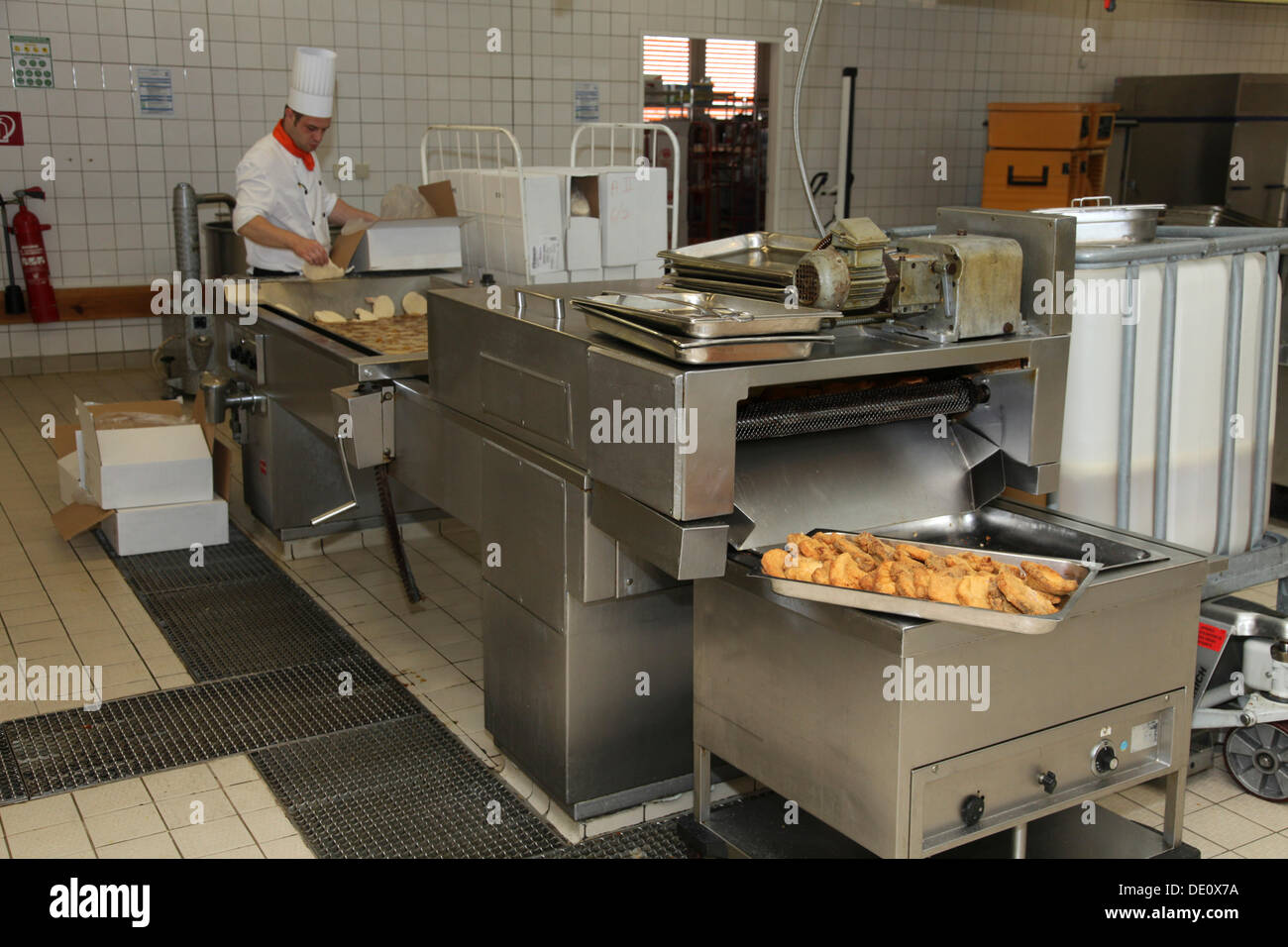 Preparation of ready-made frozen chips in the commercial kitchen of the Student Union of the Free University of Berlin Stock Photo