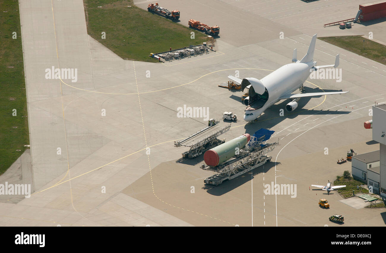 Aerial view, transporting aircraft, Guppy, airport Hamburg-Finkenwerder, Hamburg Stock Photo