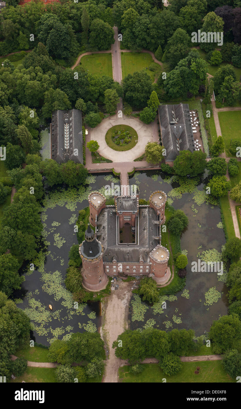 Aerial view, Schloss Moyland Caslte, neo-Gothic style, Bedburg-Hau, Lower Rhine region, North Rhine-Westphalia Stock Photo