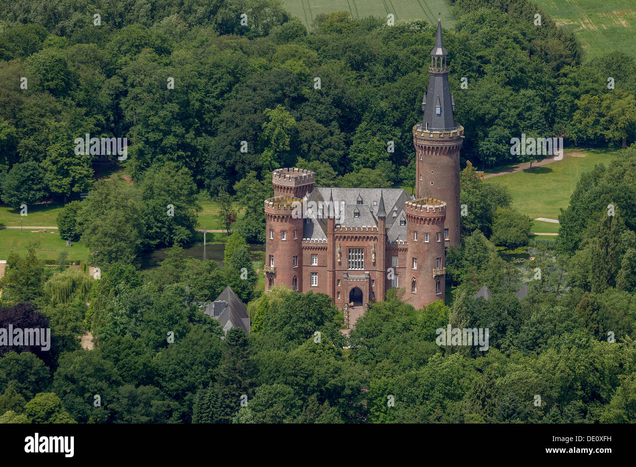 Aerial view, Moyland Castle, a neo-Gothic style moated castle, Bedburg-Hau, Lower Rhine region, North Rhine-Westphalia Stock Photo