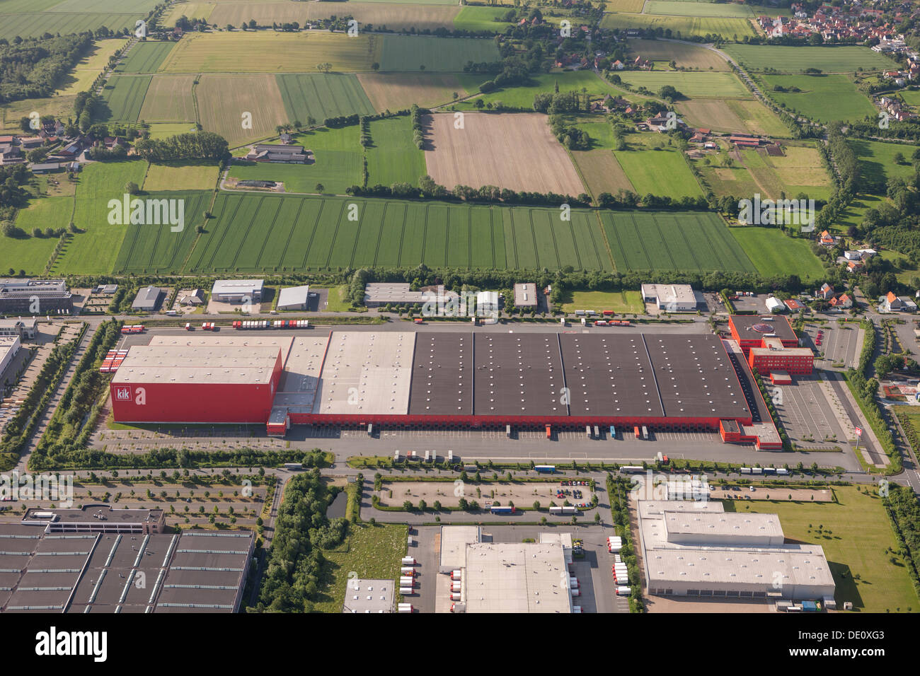Aerial view, Kik discount store, industrial area, Boenen business park, Westerboenen, Ruhr area, North Rhine-Westphalia Stock Photo