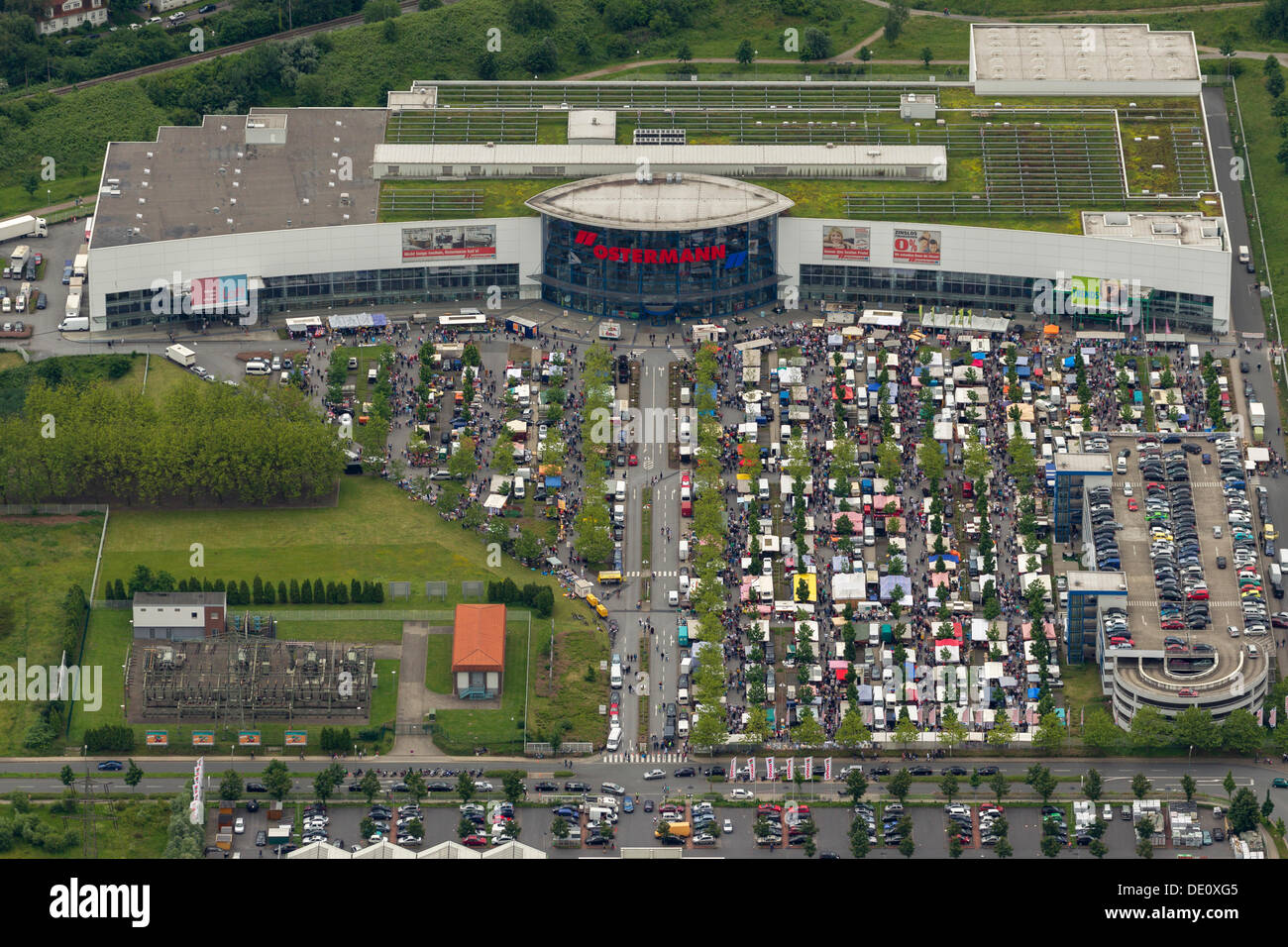 Aerial view, flea market at the Ostermann furniture store, Bottrop, Ruhr area, North Rhine-Westphalia Stock Photo