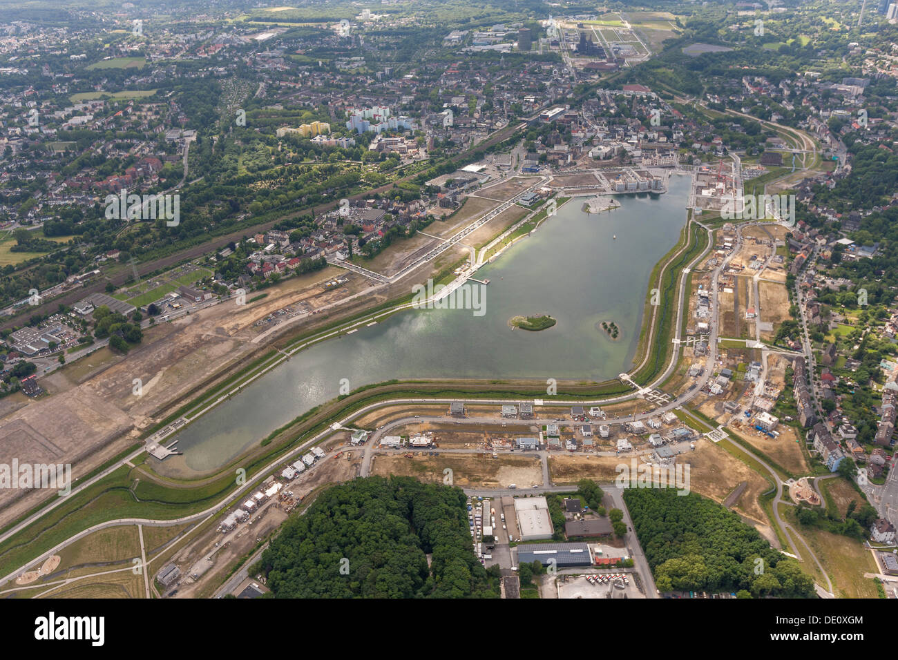 Aerial view, Lake Phoenix-See, Hoerde, Dortmund, Ruhr area, North Rhine-Westphalia Stock Photo