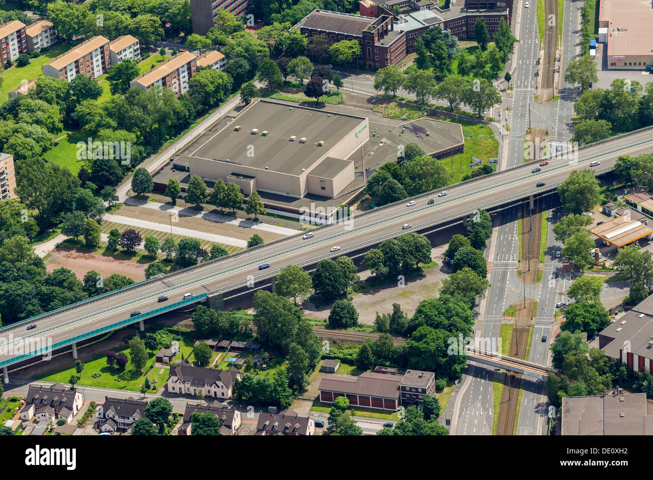 Aerial view, Rhein-Ruhr-Halle Stadtbad swimming baths, Duisburg, Ruhr area, North Rhine-Westphalia Stock Photo