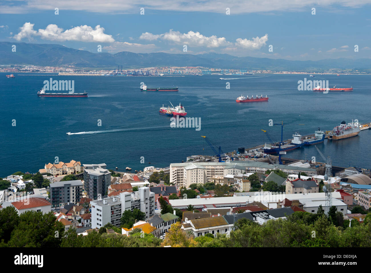 View across the Gibraltar roadstead and the Bay of Algeciras in Spain, Gibraltar Stock Photo