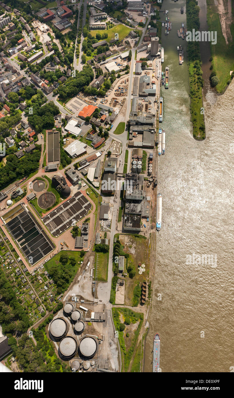 Aerial view, harbour of Wesel with quay wall, mouth of the Lippe river, Wesel, Ruhr Area, Lower Rhine region Stock Photo