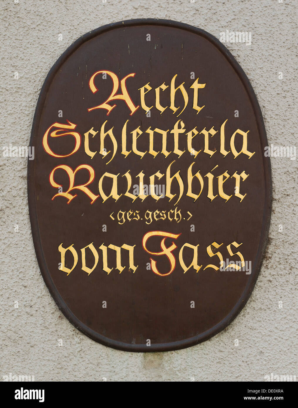 Sign 'Schlenkerla Rauchbier', smoked beer, brewery, historical inn, Bamberg, Upper Franconia, Bavaria Stock Photo