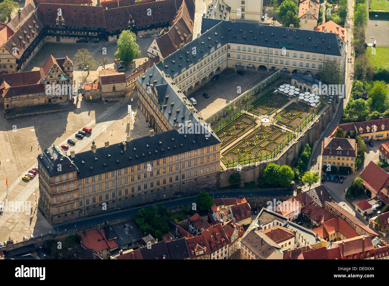 Aerial view, rose garden of Neue Residenz castle, Bamberg, Upper Stock