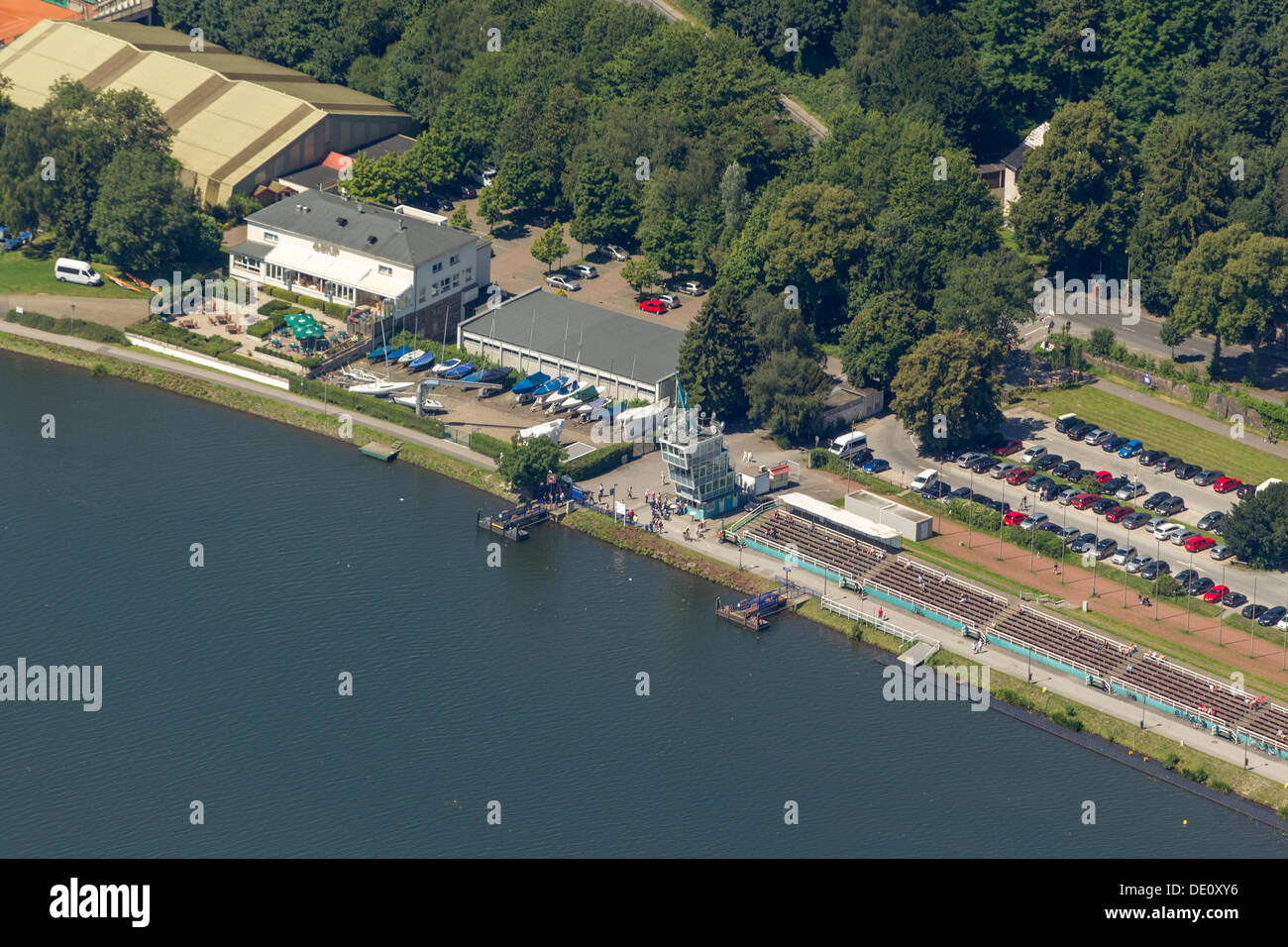 Aerial view, Lake Baldeney, regatta tower and boat houses on the north shore, Essen, Ruhr area, North Rhine-Westphalia Stock Photo