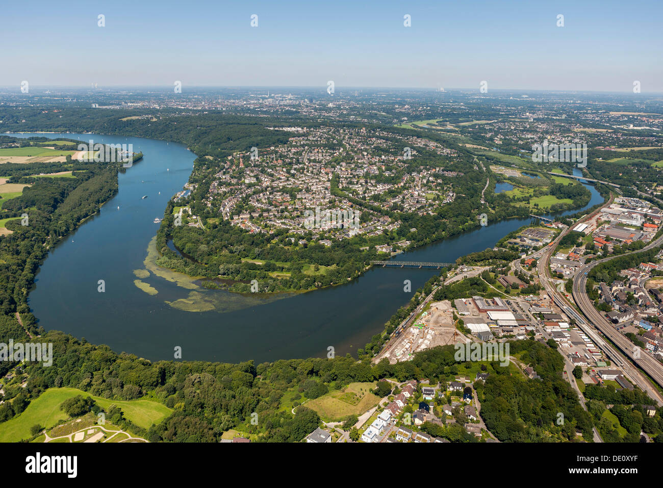 Aerial view of Kupferdreh, loop of the Ruhr river, Lake Baldeneysee, Essen, Ruhr region, North Rhine-Westphalia Stock Photo