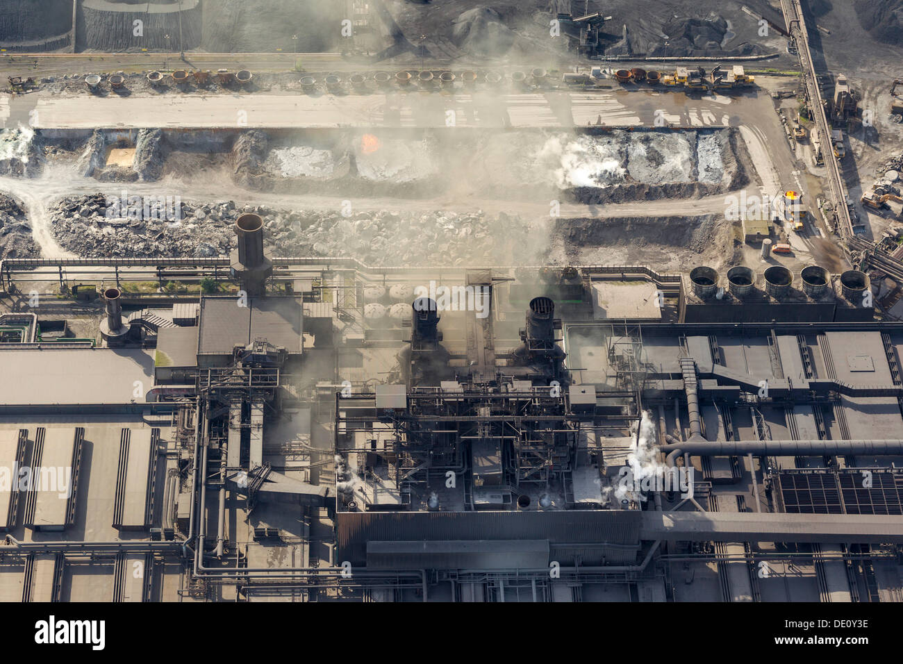 Aerial view, Krupp Mannesmann GmbH metallurgical plant, steel works, coke oven smoke, Duisburg, Ruhr Area Stock Photo