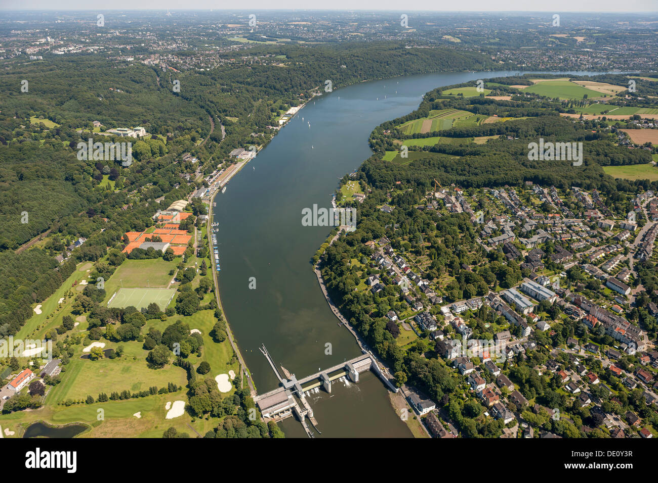 Aerial view, Lake Baldeney, Werden district with weir, Essen, Ruhr Area, North Rhine-Westphalia Stock Photo