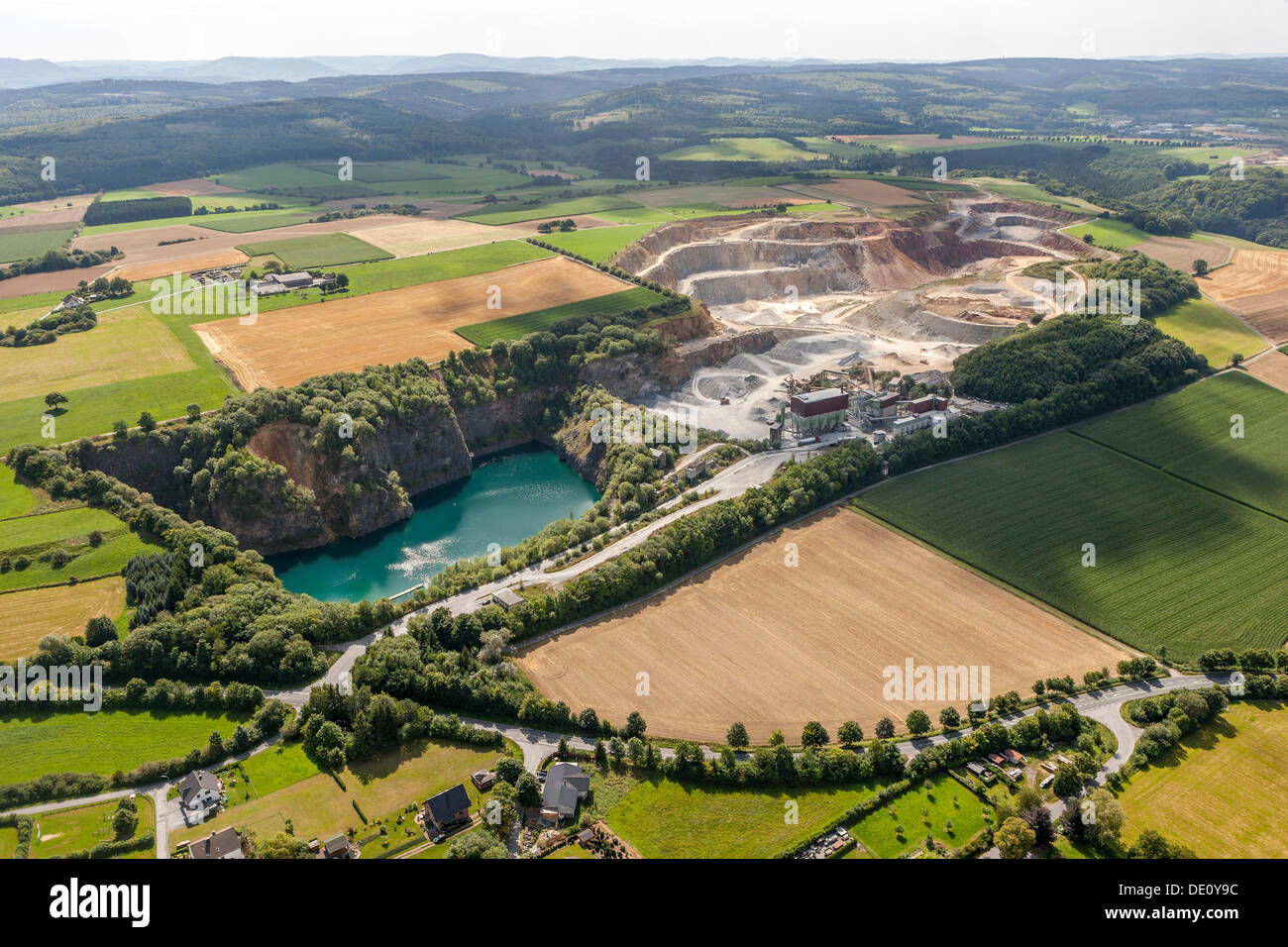 Aerial view, quarry, Blauer See lake, Fritz Weiken pit, Kallenhardt, Ruethen, Sauerland, North Rhine-Westphalia Stock Photo