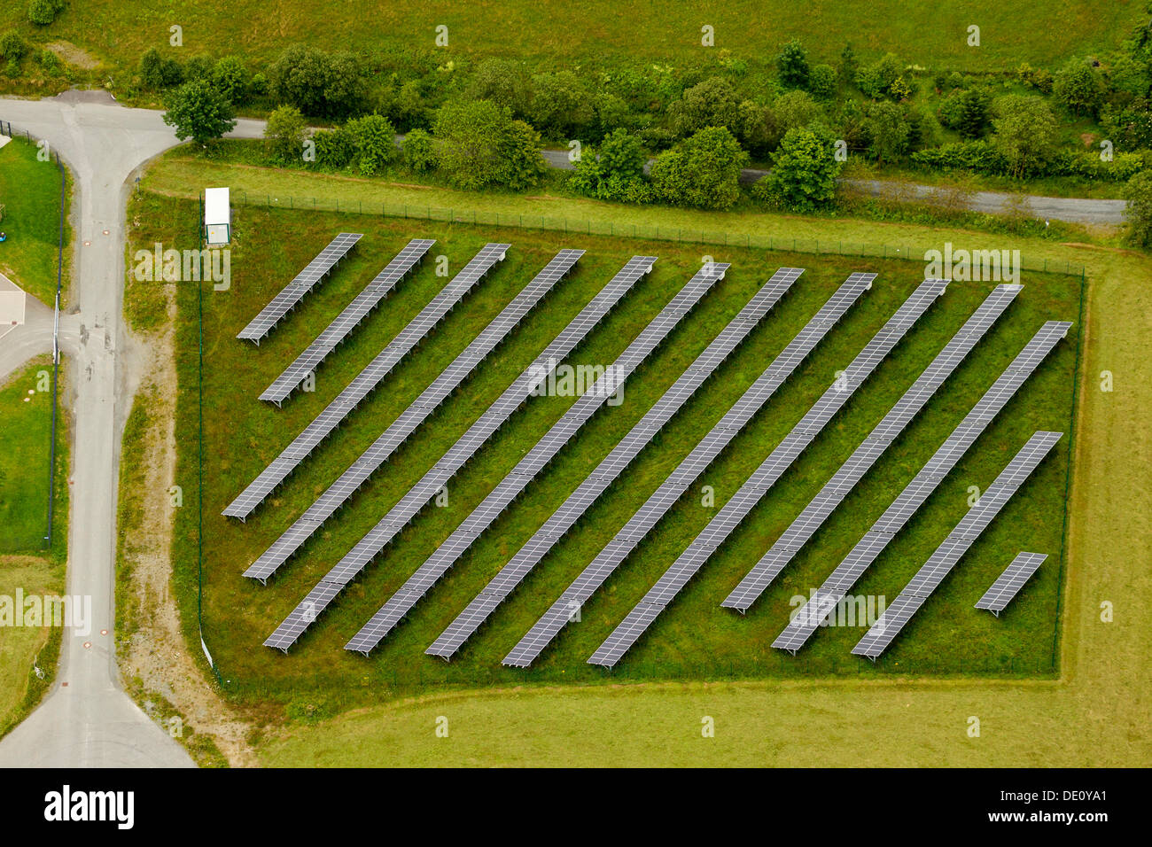 Aerial view, solar panels on a field, Winterberg, Sauerland region, North Rhine-Westphalia Stock Photo