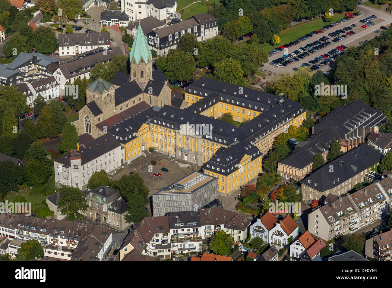 Aerial view, Folkwang Universitaet der Kuenste, Folkwangschule university, Essen, Ruhr area, North Rhine-Westphalia Stock Photo