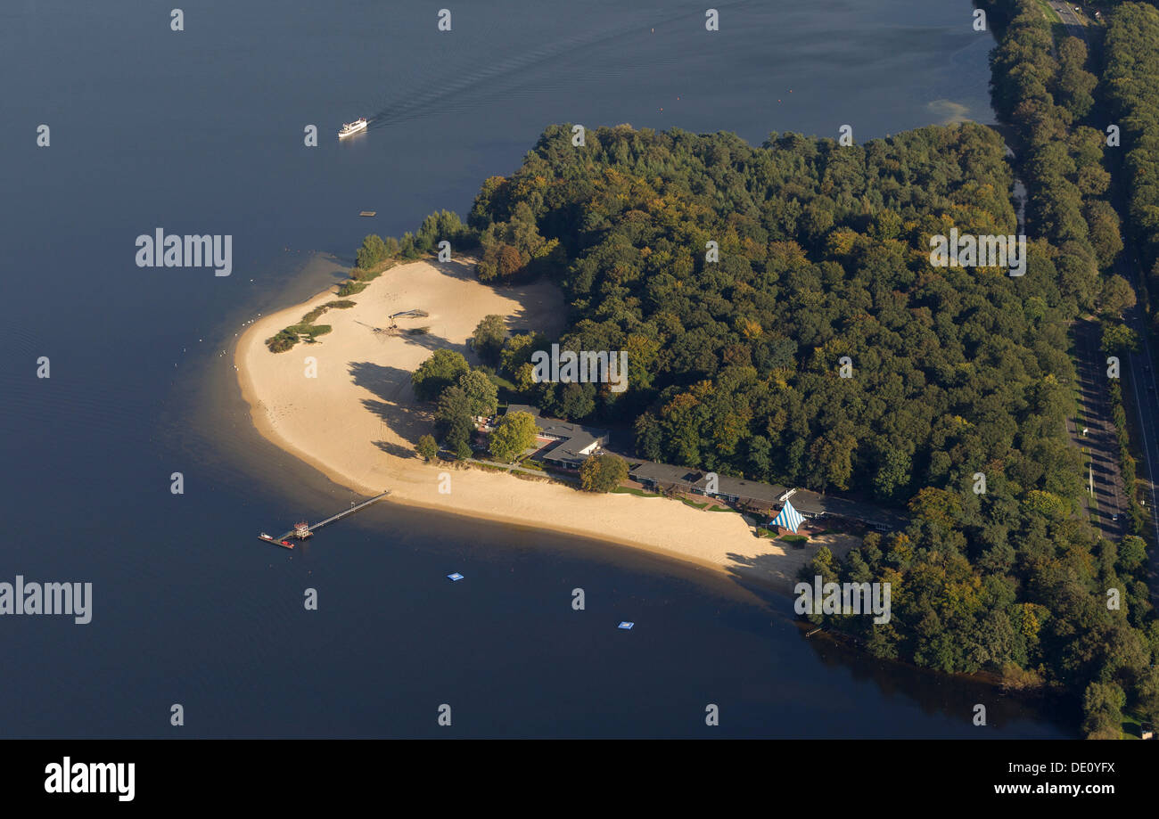 Aerial view, bathing beach on Halterner Stausee reservoir, Halterner Seeterrassen, Haltern am See, Ruhr area Stock Photo