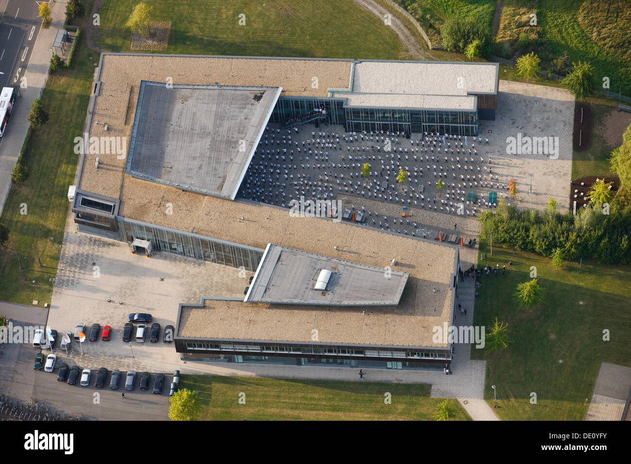 Aerial view, flashmob dance, 10th anniversary of the KAR Konrad-Adenauer-Realschule school, Hamm, North Rhine-Westphalia Stock Photo