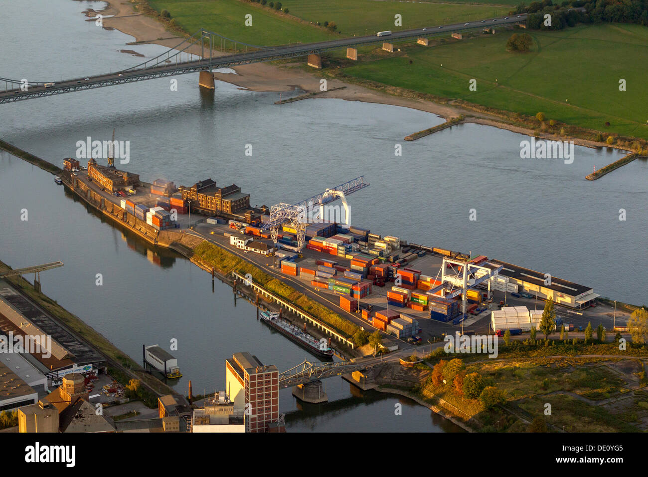 Aerial view, Krefeld harbour, forwarding agent buildings, Am Hafenkopf, Krefeld, Rhineland region, North Rhine-Westphalia Stock Photo