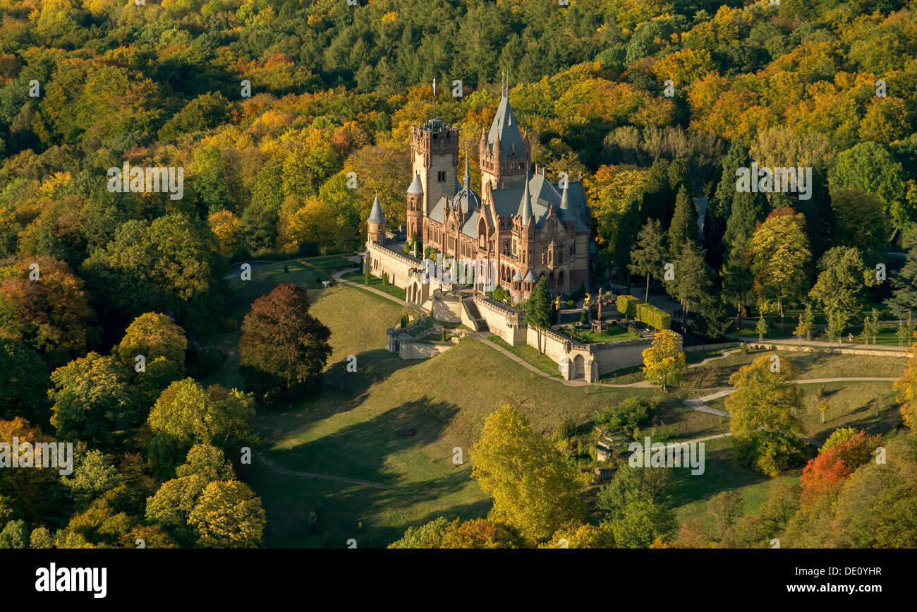 Aerial view, historistic Schloss Drachenburg palace in autumn, Bad Honnef, Rhineland, North Rhine-Westphalia Stock Photo