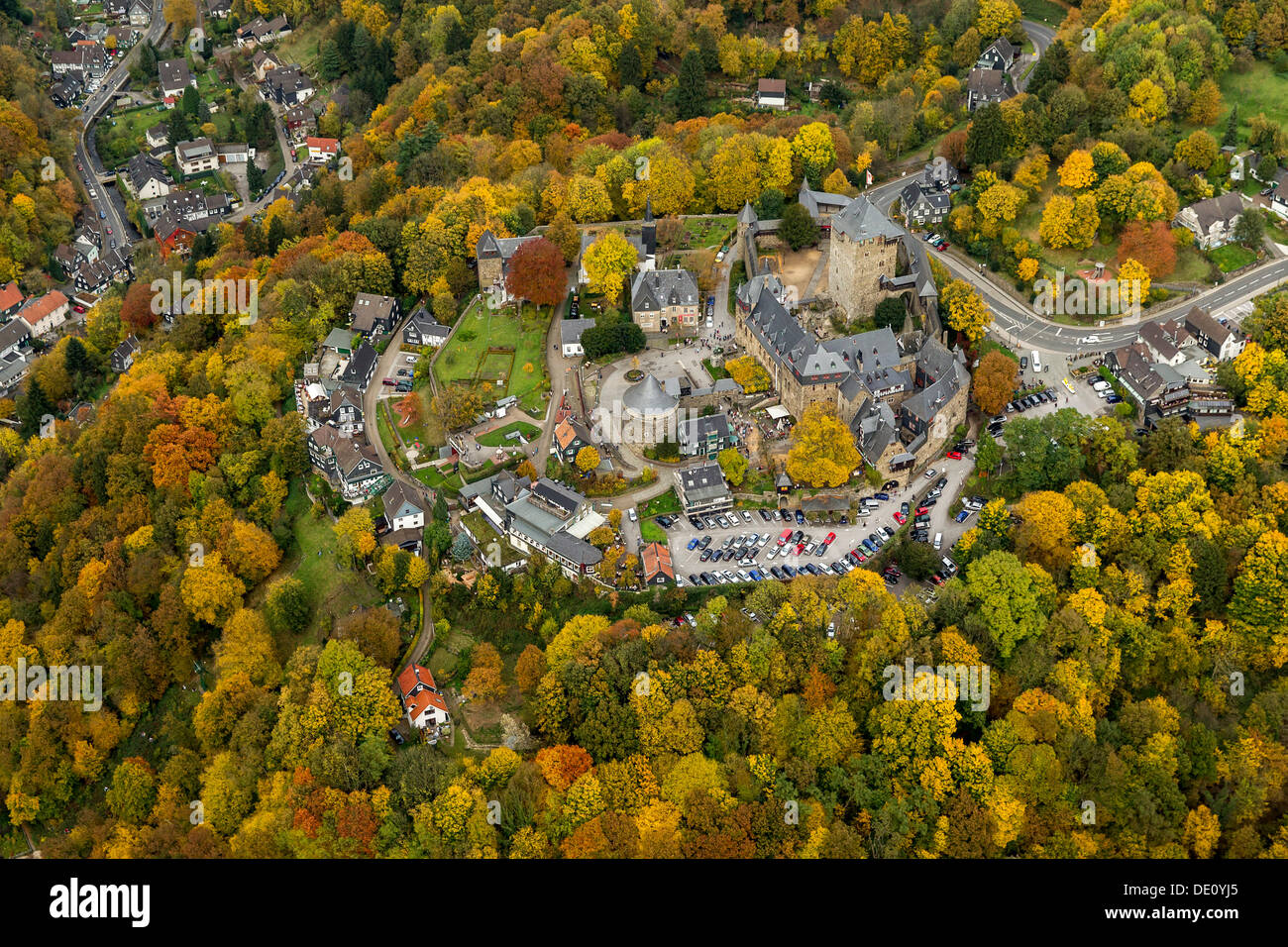 Aerial view, Schloss Burg castle an der Wupper, Solingen, autumn, Bergisches Land region, North Rhine-Westphalia Stock Photo