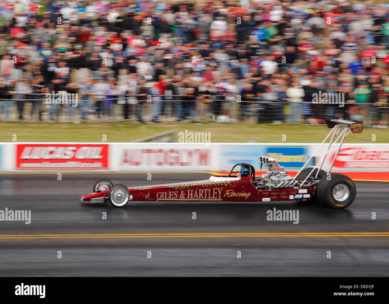 Barry Gilles racing his Super Pro Dragster at Santa Pod Raceway. Stock Photo